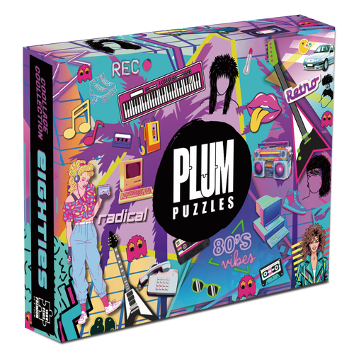 Eighties 1000 piece jigsaw puzzle box by Plum Puzzles, retro 80s collage artwork with neon, arcade games and cassette tapes