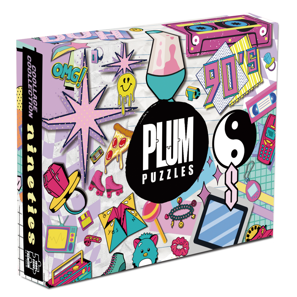 Nineties 1000 piece jigsaw puzzle box by Plum Puzzles, Y2K collage artwork with Tamagotchis and dial-up internet icons