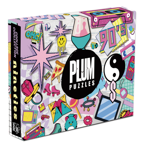 Nineties 1000 piece jigsaw puzzle box by Plum Puzzles, Y2K collage artwork with Tamagotchis and dial-up internet icons