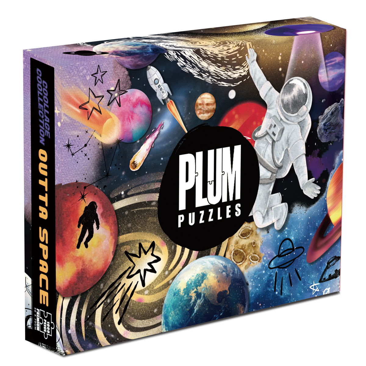 Outta Space 1000 piece jigsaw puzzle box by Plum Puzzles, cosmic collage artwork with planets, stars and astronauts