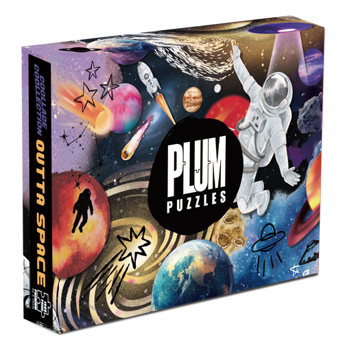 Outta Space 1000 piece jigsaw puzzle box by Plum Puzzles, cosmic collage artwork with planets, stars and astronauts